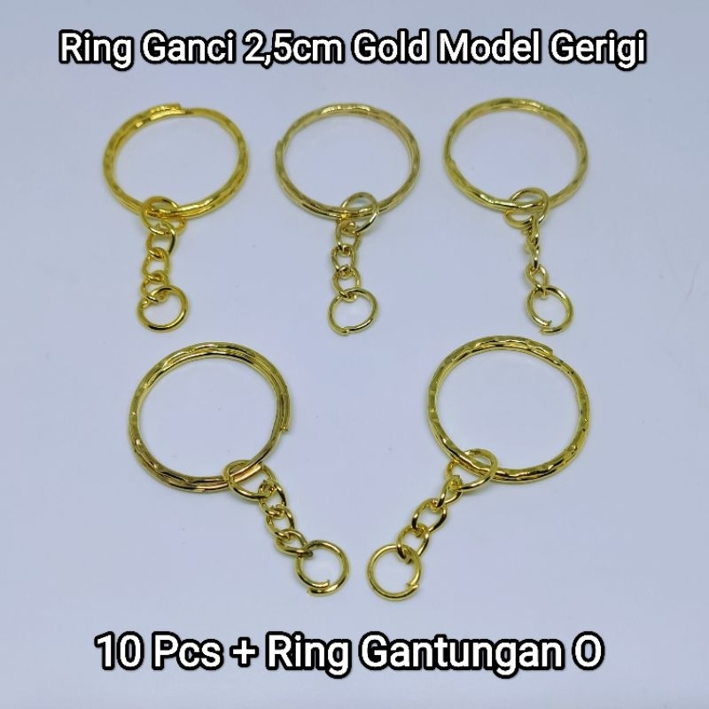Ring Gantungan Kunci 2,5cm  Gold Model Gerigi 10 Pcs + Ring Sambungan O