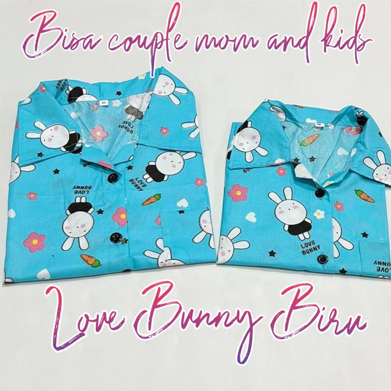 LOVE BUNNY BIRU- stelan bajutidur piyama bisa couple mom kids and family cp katun eropa