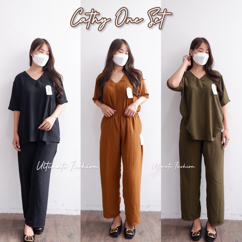 Cathy One Set Crinkle Oversize Airflow Premium / Daily One Set/ Setelan Crinkle V-Neck Import Rakku 251