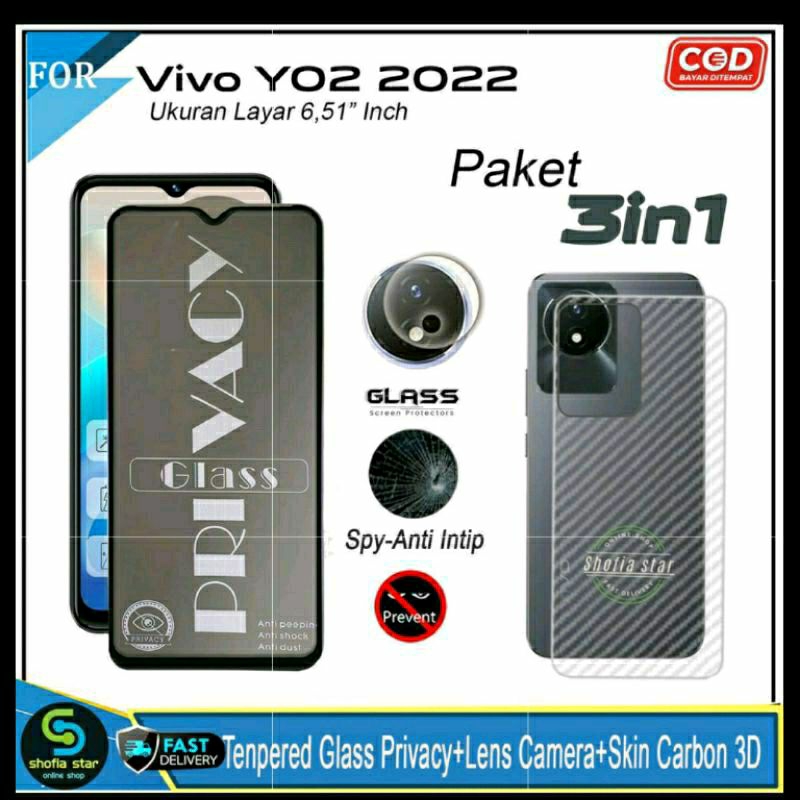 Promo 3in1 Tempered Glass Privacy Spy Vivo Y02 2022 Y02t 2023 Anti Gores Anti Spy Full Layar