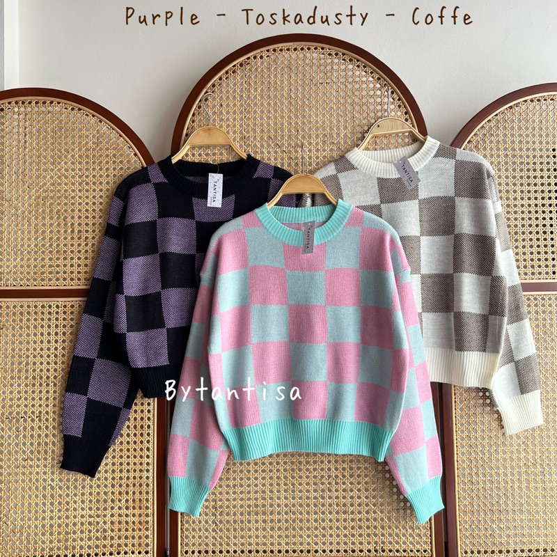 SWEATER RAJUT CROP MOTIF CATUR KOTAK SIKU