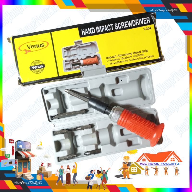 OBENG KETOK VENUS T-304 SET 7 PCS GAGANG KARET OBENG PUKUL GETOK HAND GRIP IMPACT SCREW DRIVER