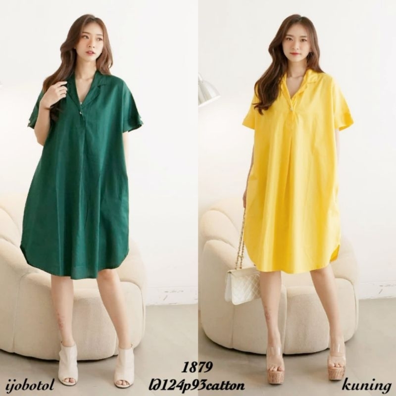 FM 1879 Dress Wanita Midi Polos V Lengan Pendek Katun