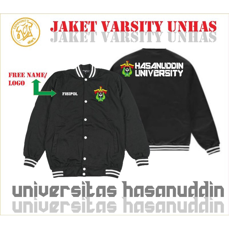 Jaket Baseball Universitas Hasanuddin Varsity Black UNHAS Jacket FREE CUSTOM NAME