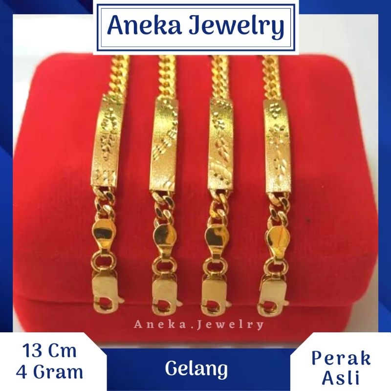 Gelang Anak Plat Ukir Doff, Sepuh Emas Kuning, Perak 925