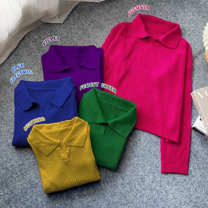 RAJUT BLOUSE POLO / CROP TOP LOLA / SWEATER RAJUT POLO / PAKAIAN RAJUT WANITA