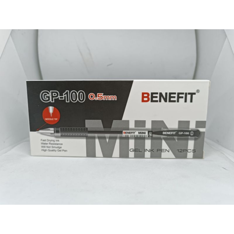 Pulpen Gel Hitam Tajam 0.5mm Benefit mini GP 100 1pak isi 12 pulpen