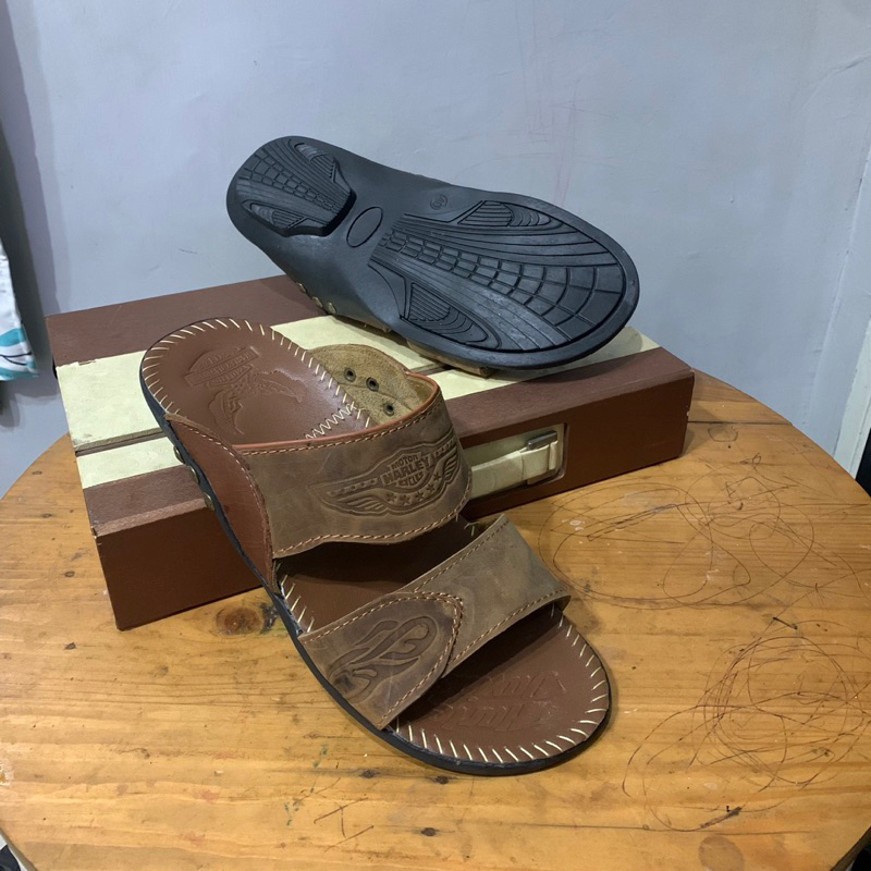 Sandal japit pria bahan kulit sapi asli model ban dua h2