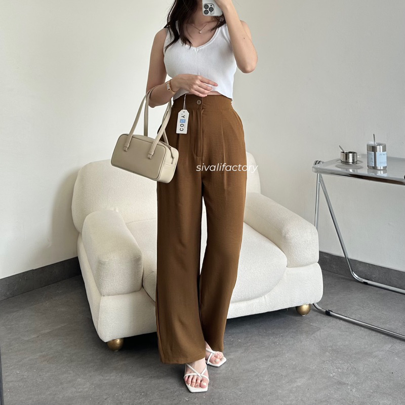 SIVALI Elodie Pants - Celana Kulot Highwaist Crinkle Loose Cullote Pants Petite Friendly Cozy Office Pants - Celana Wanita Kantor Casual 2023