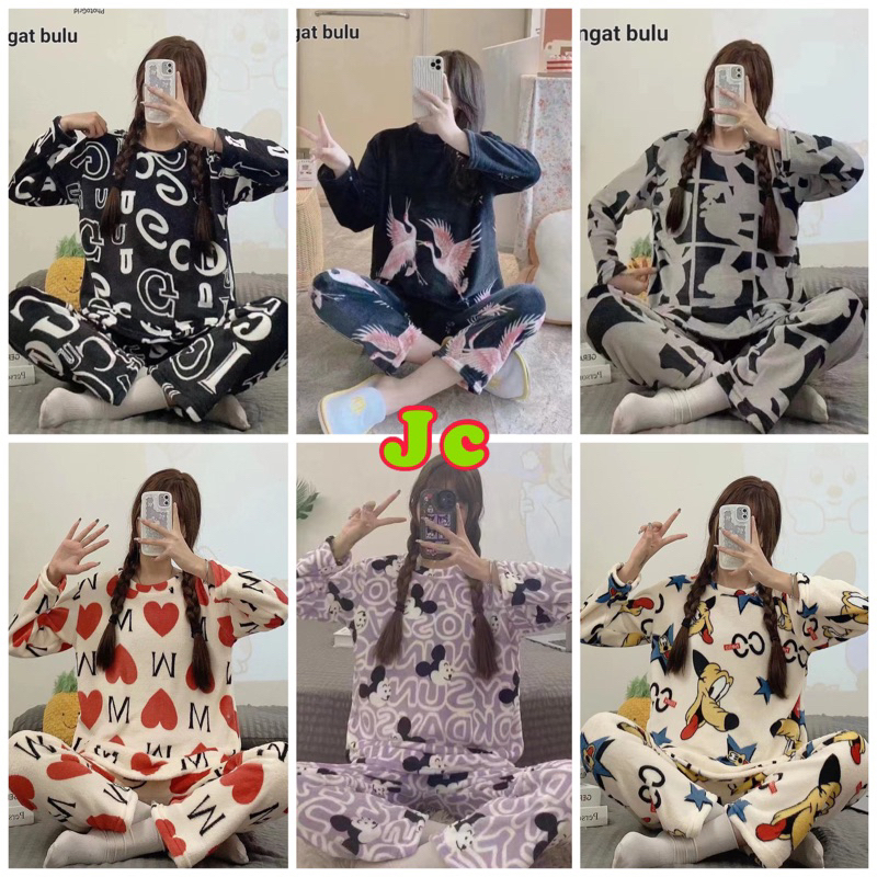 JC- St piyama bulu Import / Stelan bulu karakter / set bludru bulu Import