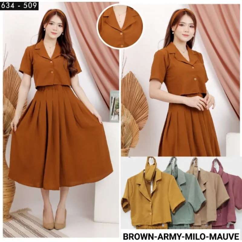 04569 MADIECA BUTTON COLLAR AIRFLOW LONG SKIRT SET ROK,