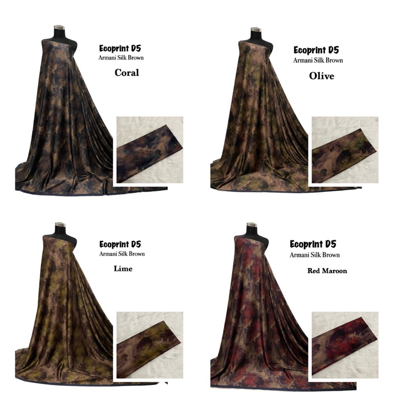 Bahan Kain Armani silk brown ecoprint mewah / armany silk abstrak / kain silk meteran gamis mukena