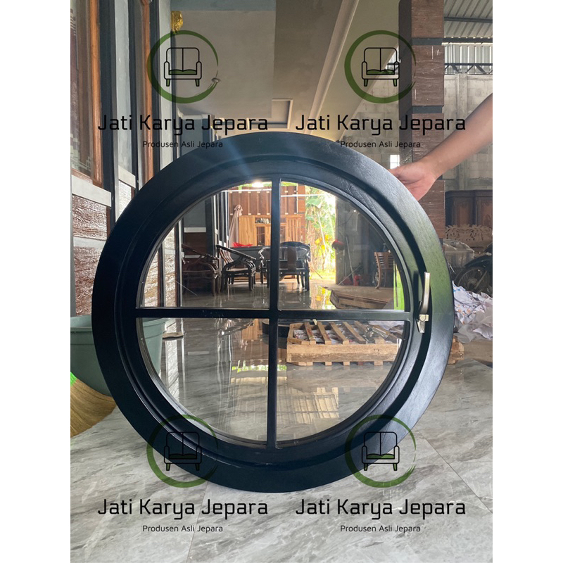 kusen Jendela Bundar 80cm 7x5cm Kayu Jati Solid List tipis Black Free Ongkir Jawa & Bali  ( Bergaran