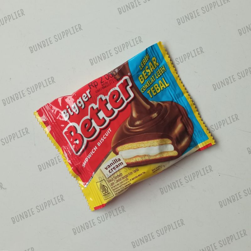 

Better Bigger Sandwich Biscuit Vanilla Cream 27gr x 10pcs (renceng) spesial hologram berhadiah