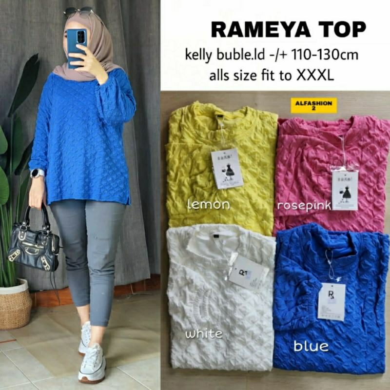 Rameya Top, BLOUSE WANITA CANTIK MODIS FIT XXXL LD 110-130 BAHAN KELLY BUBLE IMPORT TERMURAH OOTD KEKINIAN