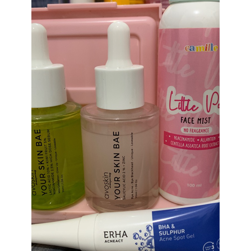 preloved skincare serum avoskin, face mist camille, totol jerawat erha