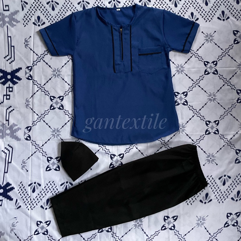 Setelan Baju Koko Muslim Anak Model List Celana Hitam