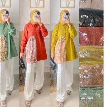 Blus Polo Linen Motif Bunga