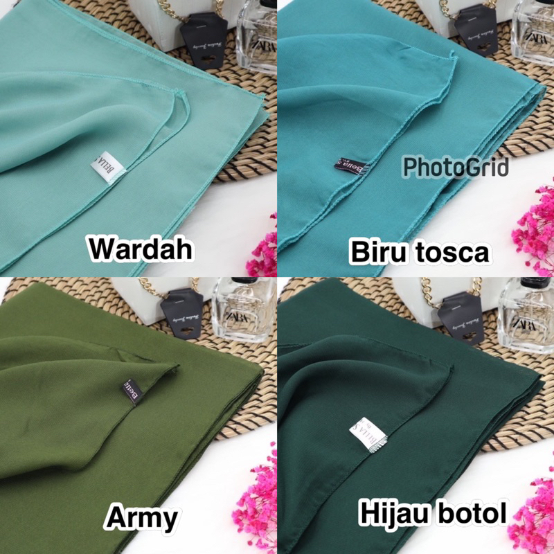 BELLA SQUARE POLLYCATTON. BELLA ARMY. BELLA HIJAU BOTOL. BELLA WARDAH. BELLA BIRU TOSCA. JILBAB MURA