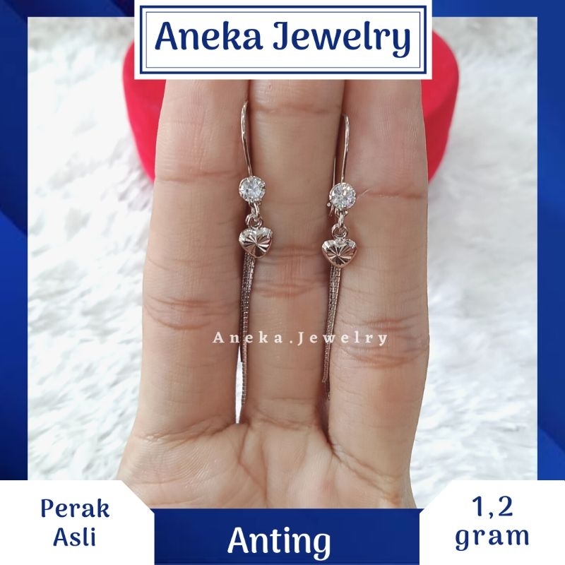 Anting Gantung Love 2 Tali, Sepuh Emas Putih, Perak 925