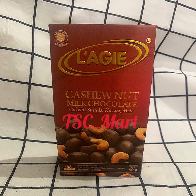 

L'agie Cashew Nut Milk Chocolate 90gr / Cokelat / L'agie / Lagie / Chocolate / Coklat / susu / Cashew / Nut / Milk / Almond / Raisin / Riviera / Delicacy / Vanilla / Full Milk / Mocca / Mente / isi / kacang / Mete / kismis / cocoa / butter / Halal