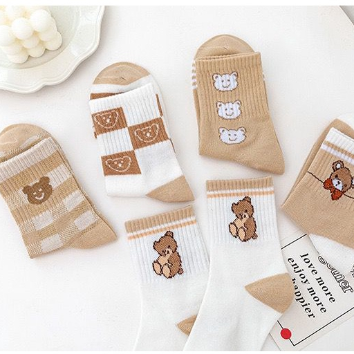 [littlecrab] Kaos Kaki Panjang Teddy Bear Brown Chocolate White Import Sock Beruang Square Coklat Putih High Quality Korean Style