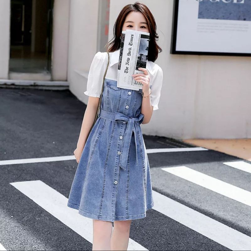 DRESS JEANS WANITA KOMBINASI KATUN