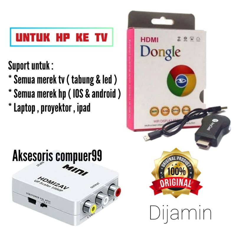 PAKET ANYCAST DONGLE PLUS CONVERTER HDMI TO RCA / ALAT UNTUK MENYAMBUNGKAN HP KE TV TABUNG / PENGHUBUNG HP KE TV TABUNG