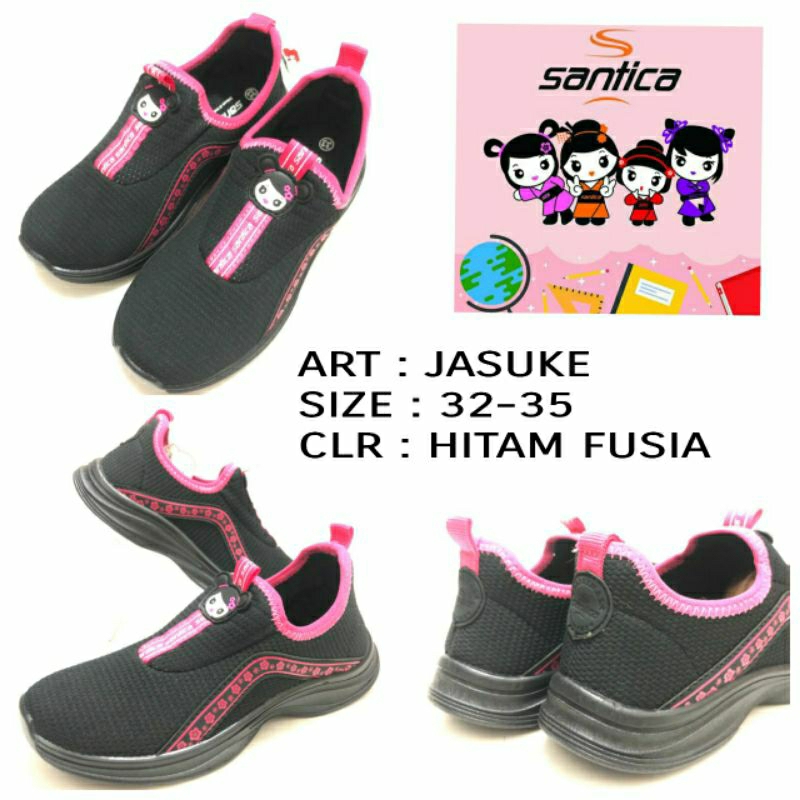 SEPATU SELOP ANAK PAUD/TK BY SANTICA JASUKE SIZE 32-35. WARNA HITAM FUSCHIA.