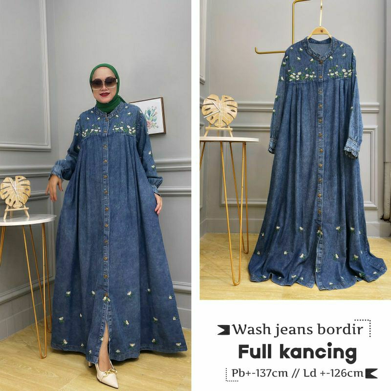 Florine Jeans Maxy, GAMIS JEANS JUMBO CANTIK MODIS FIT XXXL LD 126 BAHAN JEANS WASH IMPORT MIX BORDIR KANCING AKTIF TERMURAH OOTD KEKINIAN