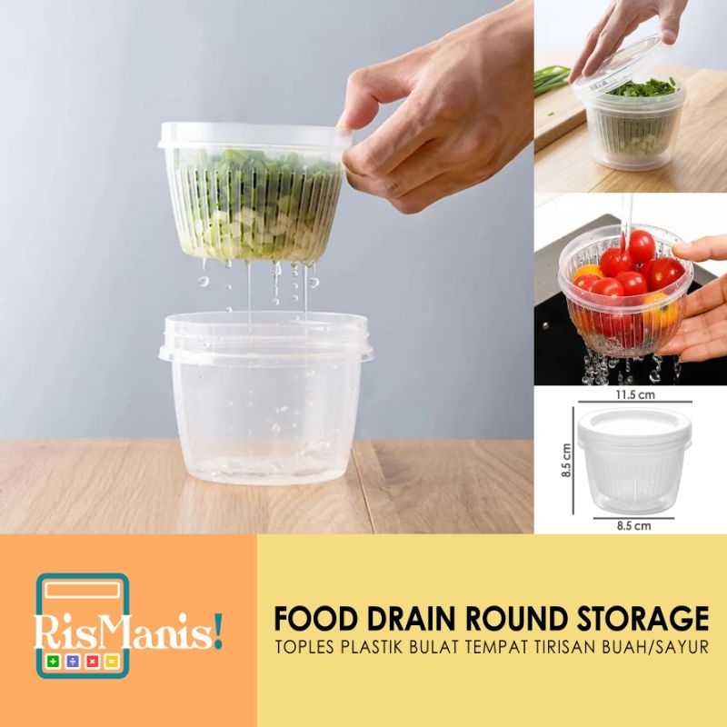 FOOD DRAIN ROUND STORAGE - Toples Plastik Bentuk Bulat Penyaring Air Cucian Wadah Dapur Tempat Tirisan Sayur Potongan Daun Bawang Saringan Peniris Buah Penutup Kedap Udara Anti Tumpah Box Bumbu 2 Layer Kotak Penyimpanan Kulkas Lemari Es 2 Lapis