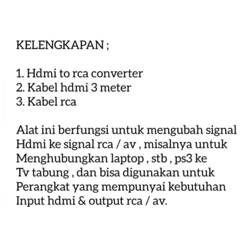 PAKET LAPTOP/PS3 KE TV TABUNG / CONVERTER HDMI TO AV RCA CONVERER ADAPTER + KABEL HDMI + KABEL RCA 3IN3 1.5 METER