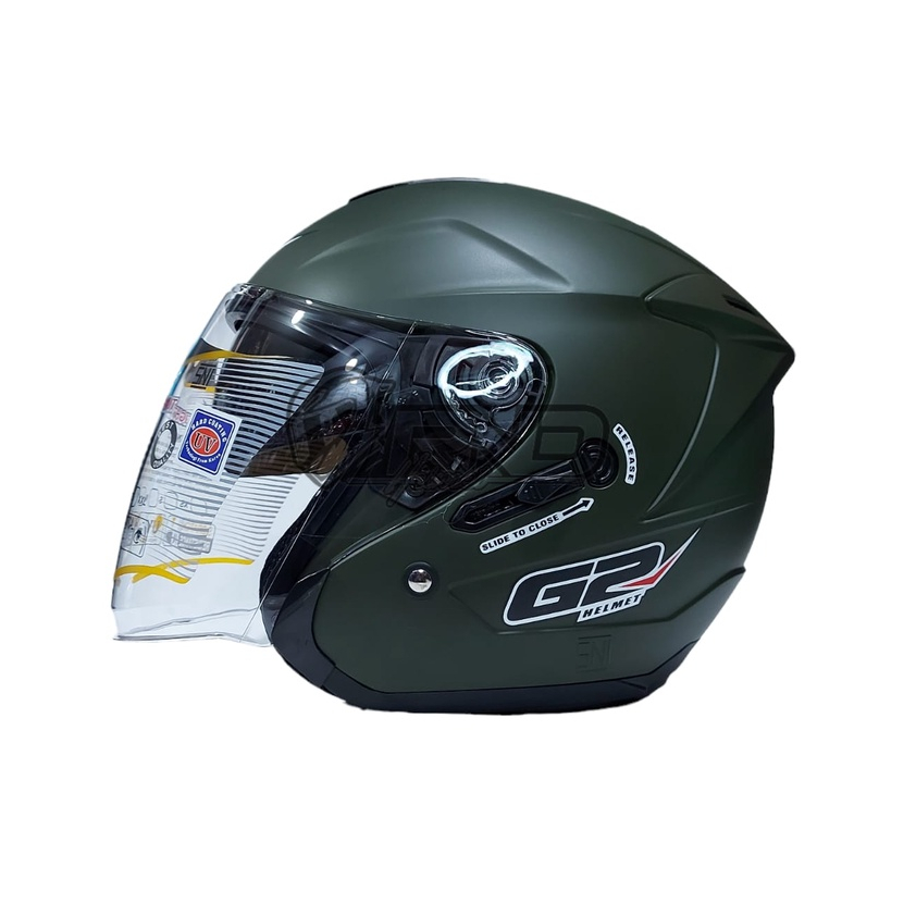 Helm G2 Optimax Solid Hijau Army Doff Half Face Double Visor Model INK DYNAMIC