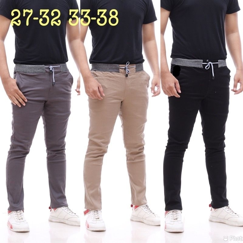 CELANA CHINOS CHINO PANJANG POLOS PRIA DEWASA JUMBO SLIM FIT PINGANG KARET RIP KOLOR