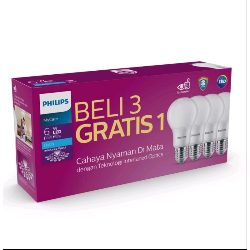 LAMPU LED PHILIPS PAKET 6W BELI 3 GRATIS 1 E27 6500K PUTIH