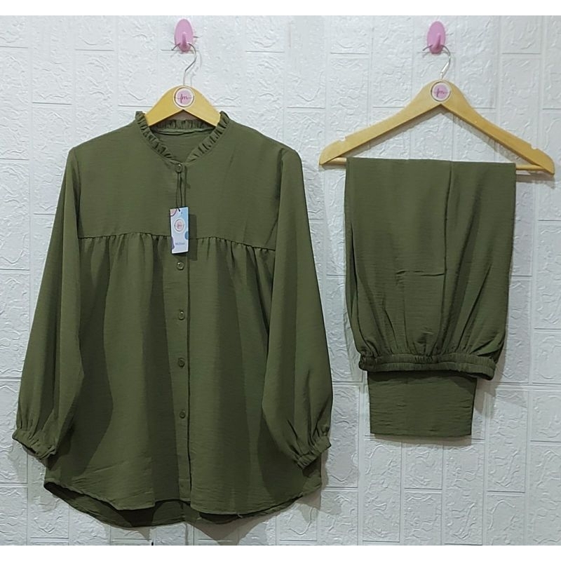ONE SET RAYON CRINKLE AIRFLOW SETELAN // SETELAN RAYON CRINKLE AIRFLOW// DRESS RAYON // SETELAN RAYON  //BUSUI FRIENDLY//PIYAMA//PREMIUM//HOMEY//BUSUI-Sage/Hijau