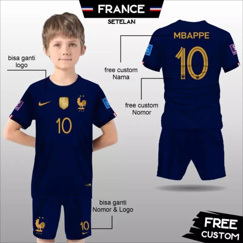 Jersey Baju Bola Anak France Home World Cup 2022 Jersey Perancis Home