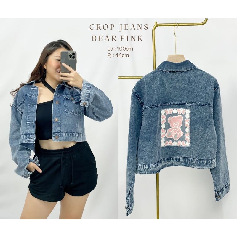 MDLV ~ Crop Jeans Wanita Pita Rumbai Bear Ribbon Love Pink