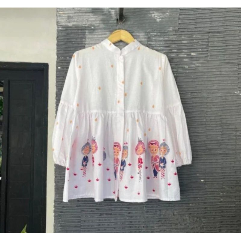 blus batik wanita modern solo recommended bahan katun jahitan rapi motif maten putih