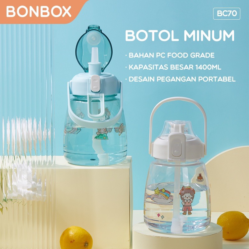 Bonbox BC60 BC70 Botol Minum Motivasi 2 Liter 2000ml1400ml Jumbo Tumblr Portable Sport Air Plastik Bening Handle Botol Minum VIral