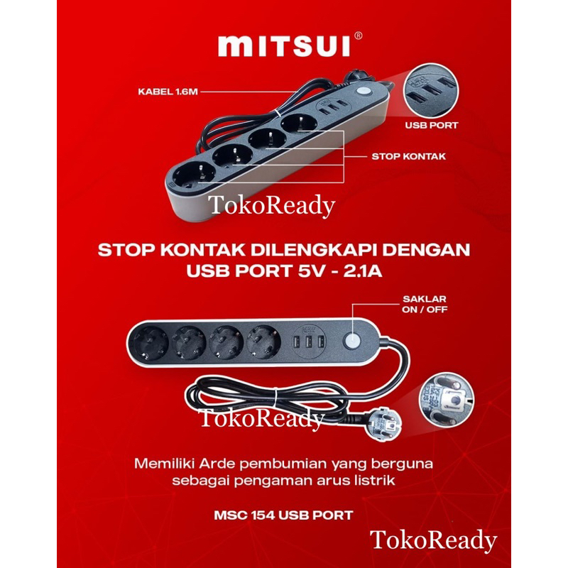Stop kontak mitsui 4 lubang 3 USB port terminal kuningan SNI