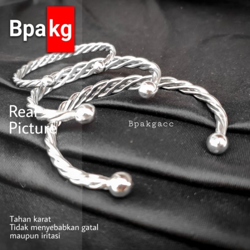 Gelang tangan pria anyam gepeng Anti karat - Gelang Wanita besi putih asli Silver simple bangle mone