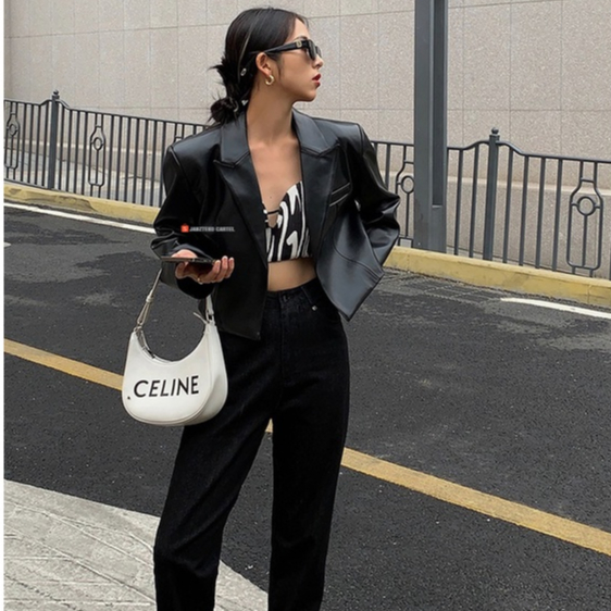 JNK x MANDA - Jaket Blazer Crop Top Casual Wanita Bahan Semi Kulit Sintetis Imitasi Grade A Premium Elegan Leather Jacket Handmade Outerwear Outfit Fashon Cewek Perempuan Jas Blezer Sedang Medium Hijab Semi Formal Korea Style Streetwear Shirt Oversize New