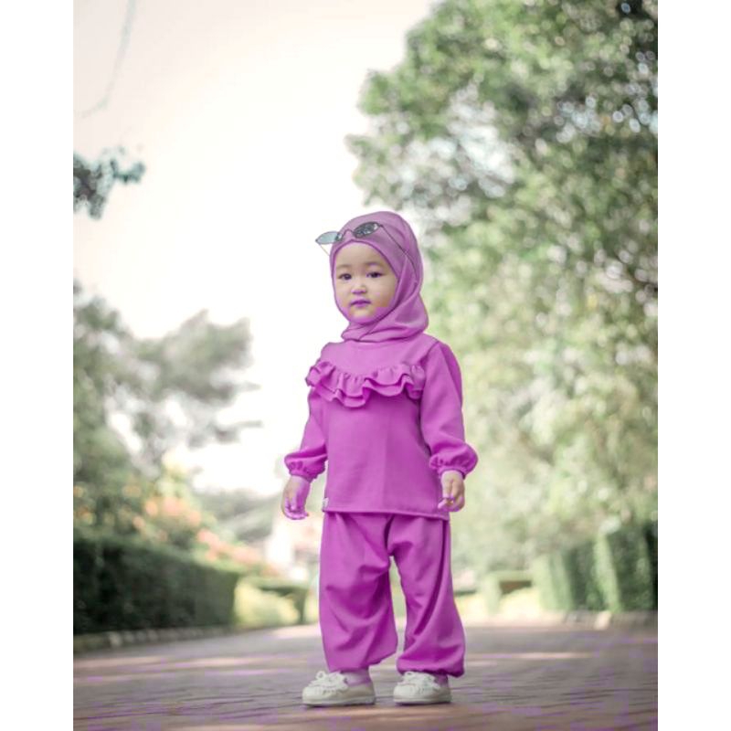 baju anak perempuan lucu ruffle 3in1 (+ hijab)0_1thn 2_3thn | keniting super ademm Biru Celana Setelan Muslim Nyaman Lembut Panjang