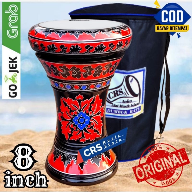 Gendang Atau Darbuka Kayu 8 inch Hitam Merah Rolling Putih