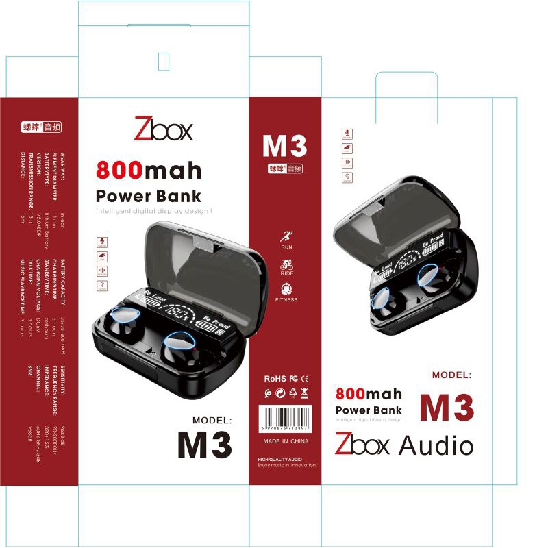 Headset Bluetooth Zbox M3/M13/M30 TWS (Bisa Jadi Powerbank 800mAH)