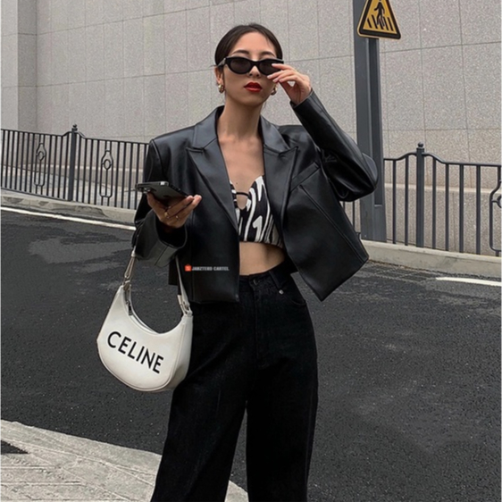 JNK x MANDA - Jaket Blazer Crop Top Casual Wanita Bahan Semi Kulit Sintetis Imitasi Grade A Premium Elegan Leather Jacket Handmade Outerwear Outfit Fashon Cewek Perempuan Jas Blezer Sedang Medium Hijab Semi Formal Korea Style Streetwear Shirt Oversize New