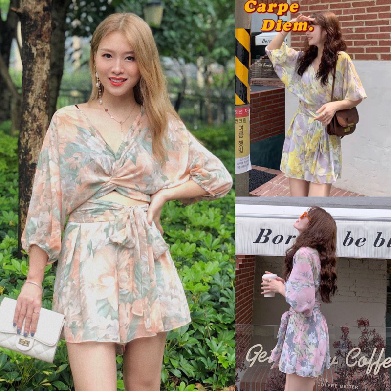 SET0040 LAVISTA KOREAN FLORAL VINTAGE SET SETELAN VNECK SEXY PANTAI MUSIM PANAS BALI