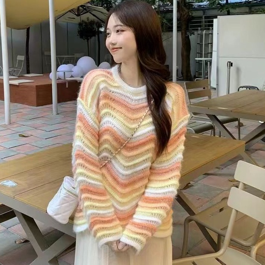 YIU YIU Rajut - Atasan Rajut Wanita Oversize Lengan Panjang Sweater Crewneck Knit