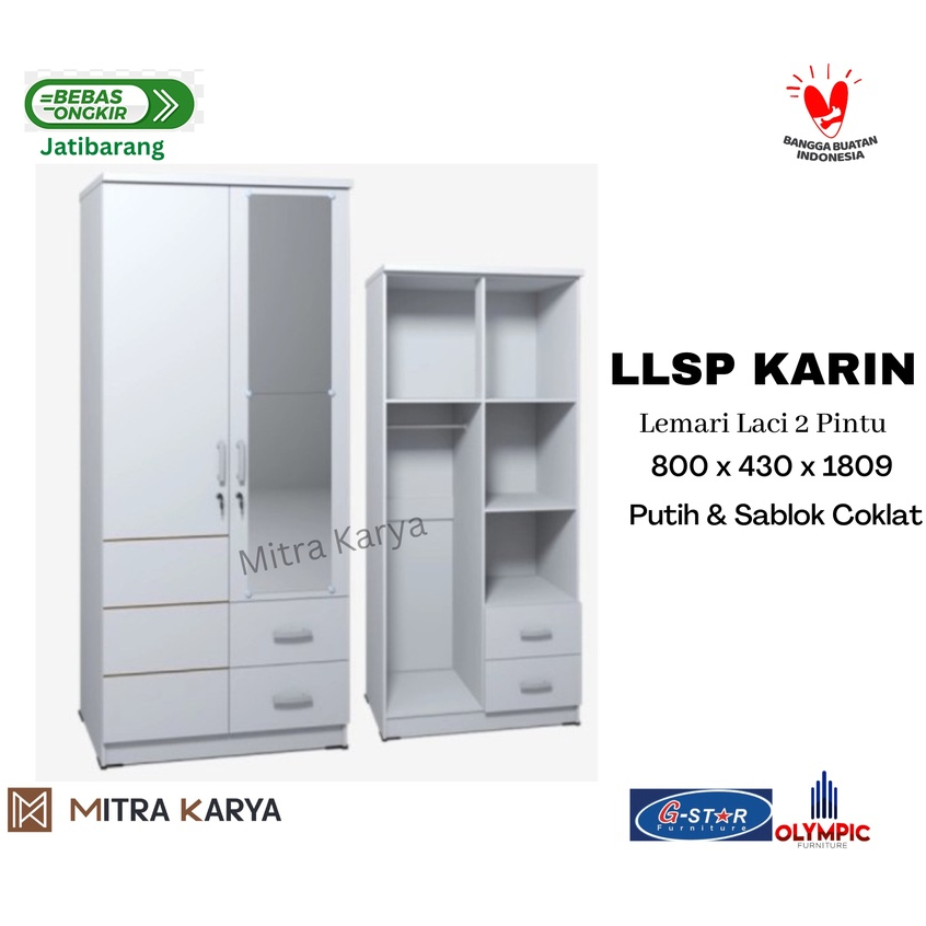 Lemari Pakaian Kayu 2 pintu Full kaca + laci luar Olympic Gstar KARIN